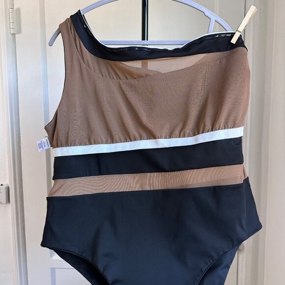 Nomads Coastal One Piece One Shoulder Swimsuit Black Brown Mesh Size 2XL - Picture 10 of 14